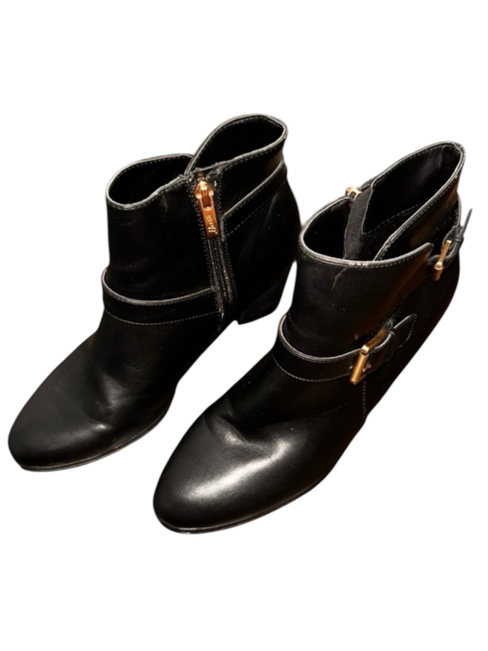 G.H. Bass Sloane Black Ankle Boot Faux Leather Gold Buckle Minimalist Size 7